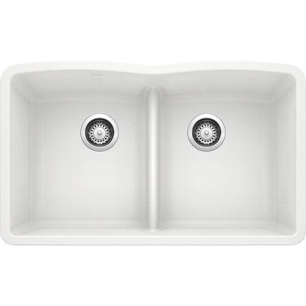 Diamond Silgranit 50/50 Double Bowl Undermount Kitchen Sink with Low Divide - White