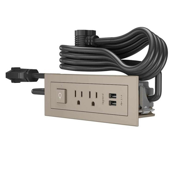 Power Unit, Nickel, 2 Outlet, 2 USB, 1 Swtch