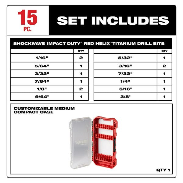 15 pc. SHOCKWAVE Impact Duty RED HELIX Titanium Drill Bit Set