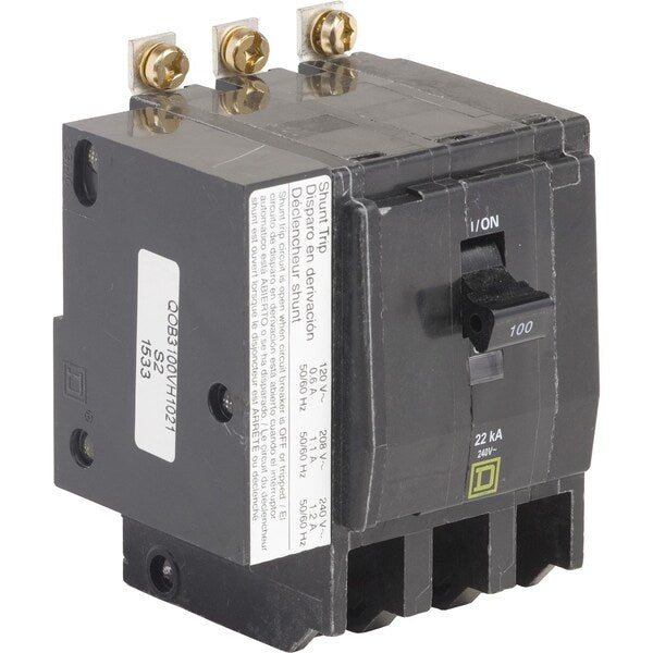 Miniature Circuit Breaker, 100, 240VAC, 3 Pole, Bolt-On Mounting Style, QOB Series