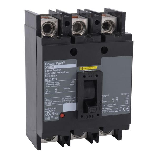 Molded Case Circuit Breaker, 70, 240VAC, 3 Pole, Unit Mount Lug Mounting Style, QB Series