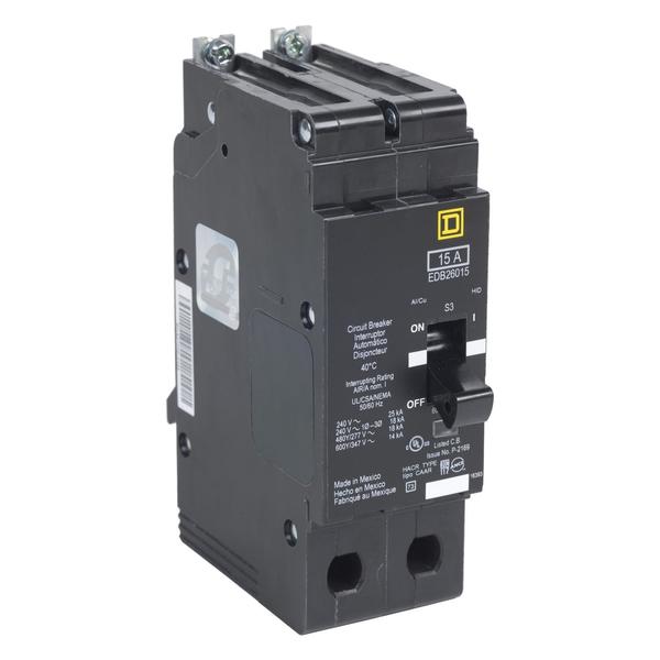 Miniature Circuit Breaker, 15, 600VAC, 2 Pole, Bolt-On Mounting Style, EDB Series