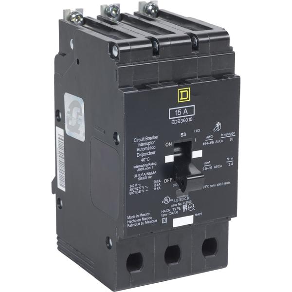Miniature Circuit Breaker, 20, 600VAC, 3 Pole, Bolt-On Mounting Style, EDB Series