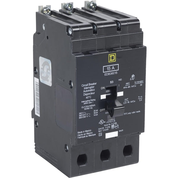 Miniature Circuit Breaker, 25, 600VAC, 3 Pole, Bolt-On Mounting Style, EDB Series