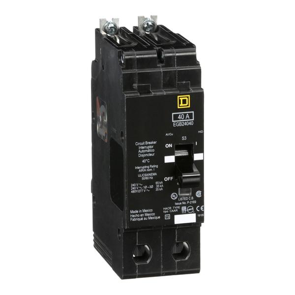 Miniature Circuit Breaker, 40, 277/480VAC, 2 Pole, Bolt-On Mounting Style, EGB Series