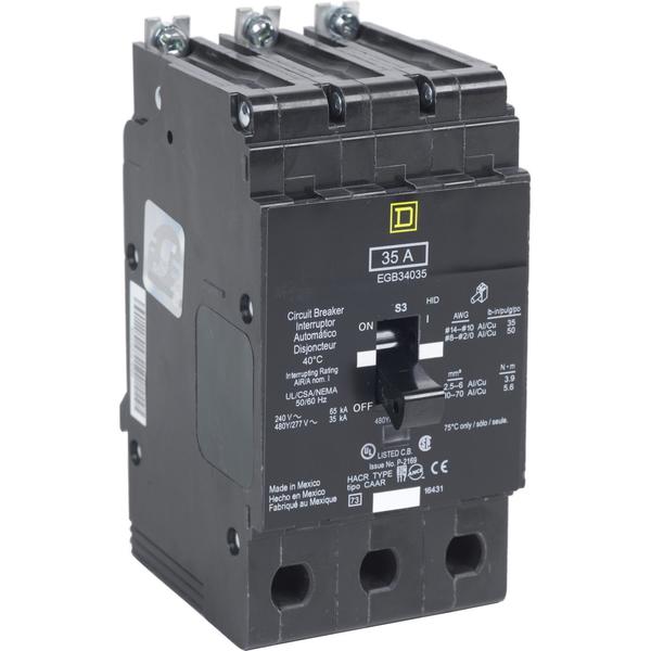 Miniature Circuit Breaker, 35, 277/480VAC, 3 Pole, Bolt-On Mounting Style, EGB Series