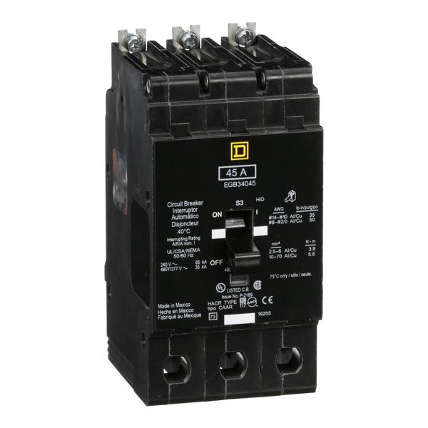 Miniature Circuit Breaker, 45, 277/480VAC, 3 Pole, Bolt-On Mounting Style, EGB Series