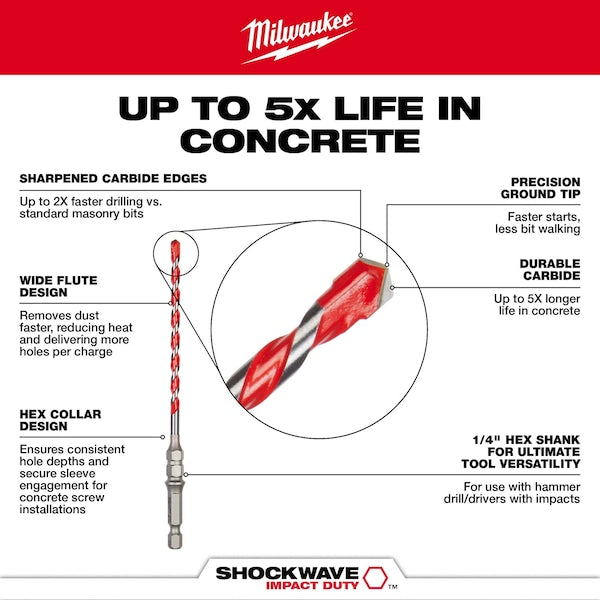 3/16 in. x 6 in. SHOCKWAVE Carbide Hammer Drill Bit for Concrete Screws