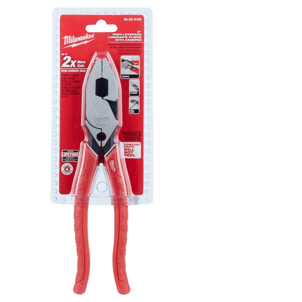 9 in Linemans Plier High Leverage w/ Fish Tape Puller, Wire Crimper, Steel
