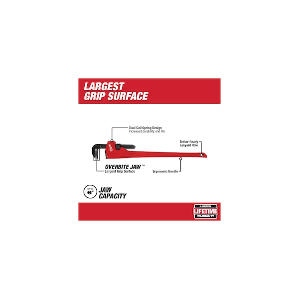 48 in L 6 in Cap. Cast Iron Straight Pipe Wrench