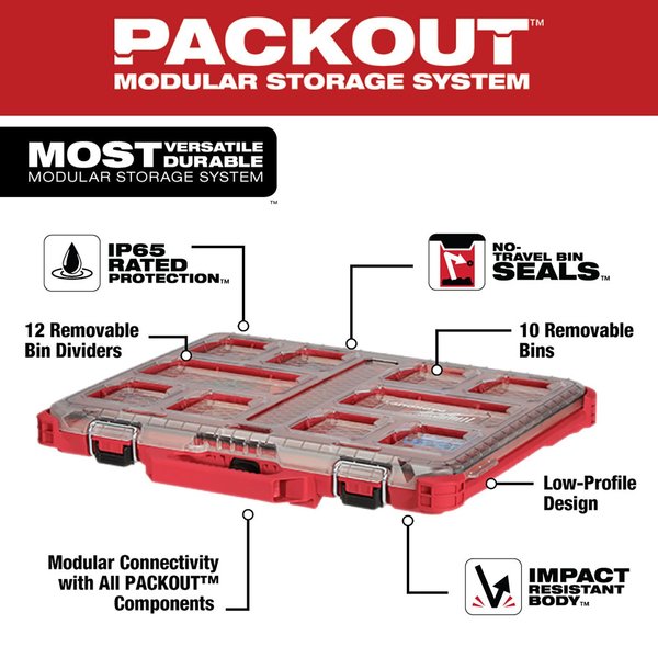 PACKOUT Tool Case, 10 Compartments, 16-3/8 in W x 16-1/4 in D x 2-1/2 in H, Red