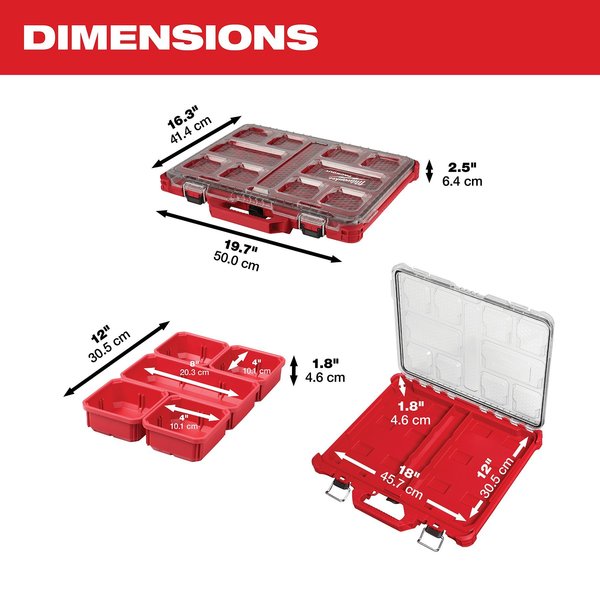 PACKOUT Tool Case, 10 Compartments, 16-3/8 in W x 16-1/4 in D x 2-1/2 in H, Red