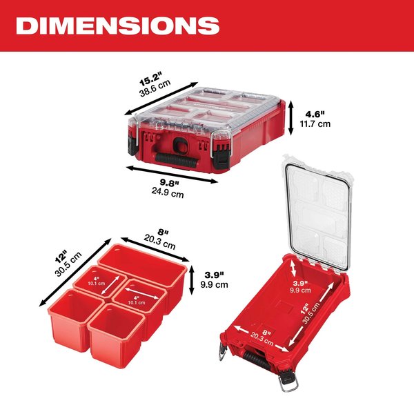 PACKOUT Tool Case, 5 Compartments, 9-7/8 in W x 15-1/4 in D x 4-5/8 in H, Red