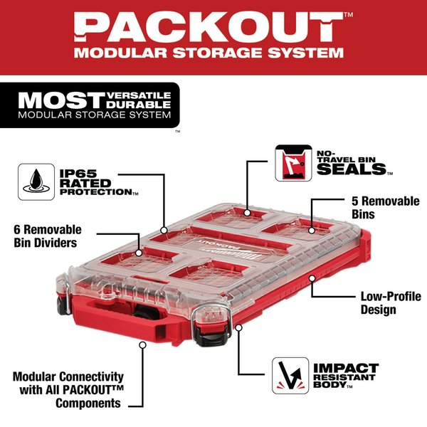 PACKOUT Tool Case, 5 Compartments, 9-3/4 in W x 15-1/4 in D x 2-1/2 in H, Red