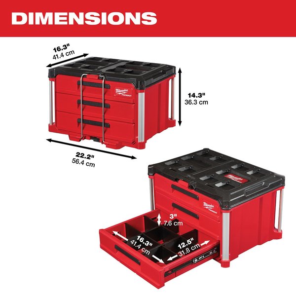PACKOUT 3 Drawer Tool Box, 22 1/4 in W, 14 1/4 in D, 14 1/4 in H, Locking Security Bar