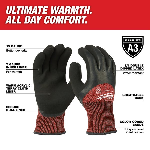 Level 3 Cut Resistant Latex Dipped Insulated Winter Gloves - Medium (12 pair)