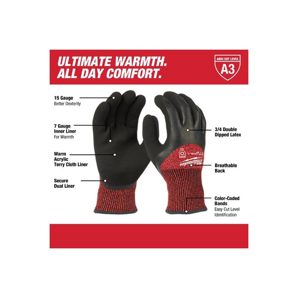 Level 3 Cut Resistant Latex Dipped Insulated Winter Gloves - X-Large (12 pair)