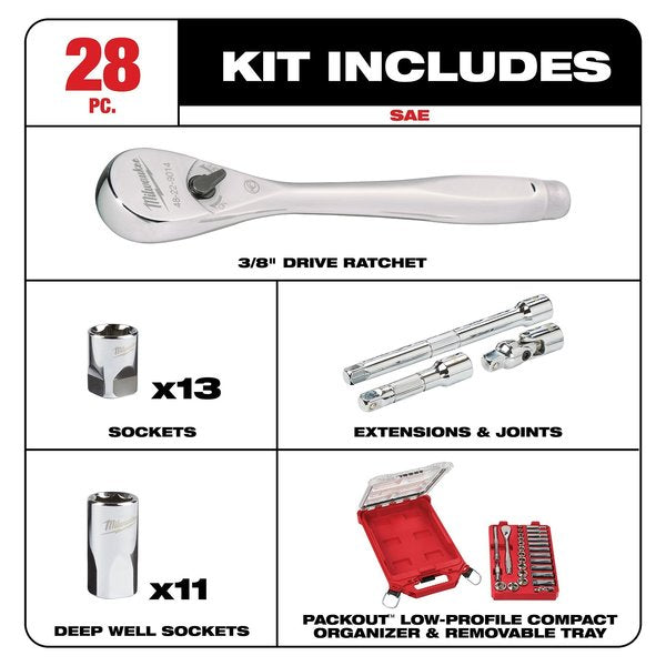 3/8â Drive 28pc Ratchet & Socket Set w/PACKOUT Compact Organizer - SAE