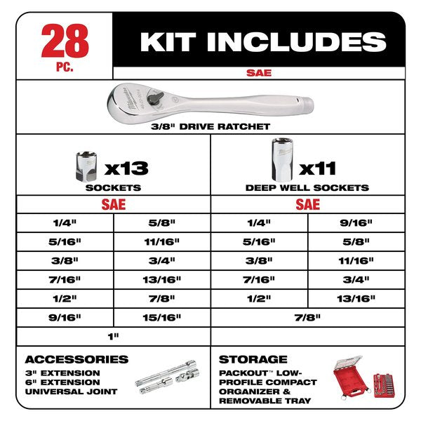 3/8â Drive 28pc Ratchet & Socket Set w/PACKOUT Compact Organizer - SAE
