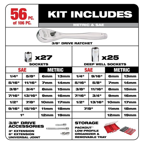 Ratchet & Socket Set, 1/4 in, 3/8 in Drive Size, 90 Geared Teeth, Metric, SAE, 106-Piece