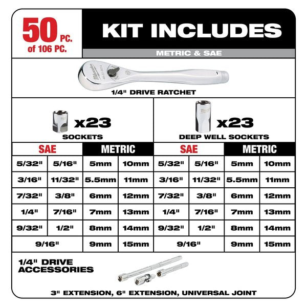 Ratchet & Socket Set, 1/4 in, 3/8 in Drive Size, 90 Geared Teeth, Metric, SAE, 106-Piece