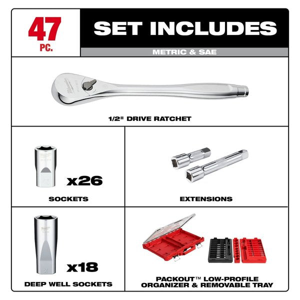 47 pc. 1/2 in. Drive SAE and Metric Ratchet and Socket Set with PACKOUT Low-Profile Organizer
