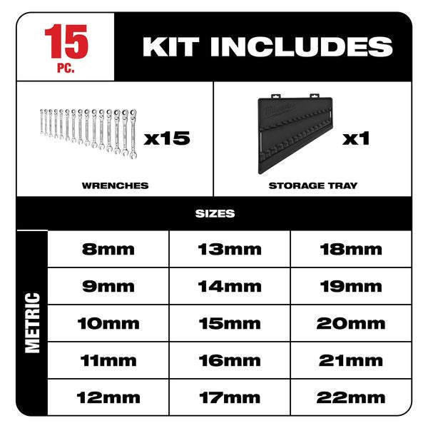 15 pc. Metric Flex Head Ratcheting Combination Wrench Set