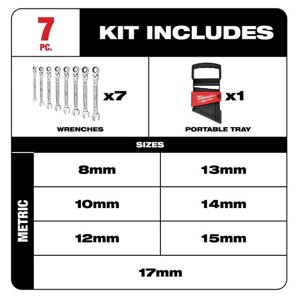 7 pc. Metric Flex Head Ratcheting Combination Wrench