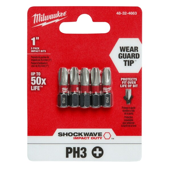 SHOCKWAVE 1 in Phillips #3 Impact Duty Power Bit, 5-Piece Pack
