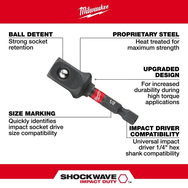 SHOCKWAVE Impact Socket Adapter, 1/4 in Hex to 1/2 in Square, Black Phosphate