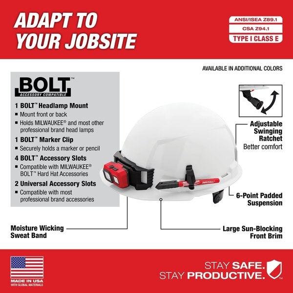 Front Brim Blue Front Brim Hard Hat w/6pt Ratcheting Suspension - Type 1, Class E, Type 1, Class E