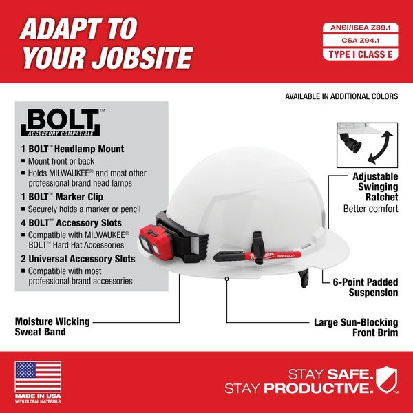 Full Brim Red Full Brim Hard Hat w/6pt Ratcheting Suspension - Type 1, Class E, Type 1, Class E
