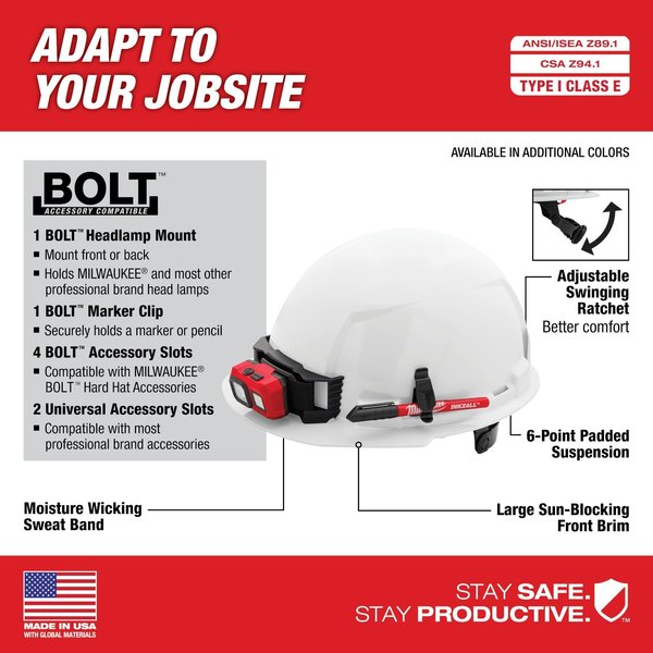 Front Brim Gray Front Brim Hard Hat w/6pt Ratcheting Suspension - Type 1, Class E, Type 1, Class E