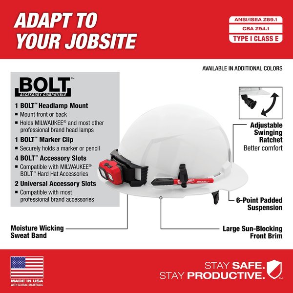 Full Brim Gray Full Brim Hard Hat w/6pt Ratcheting Suspension - Type 1, Class E, Type 1, Class E