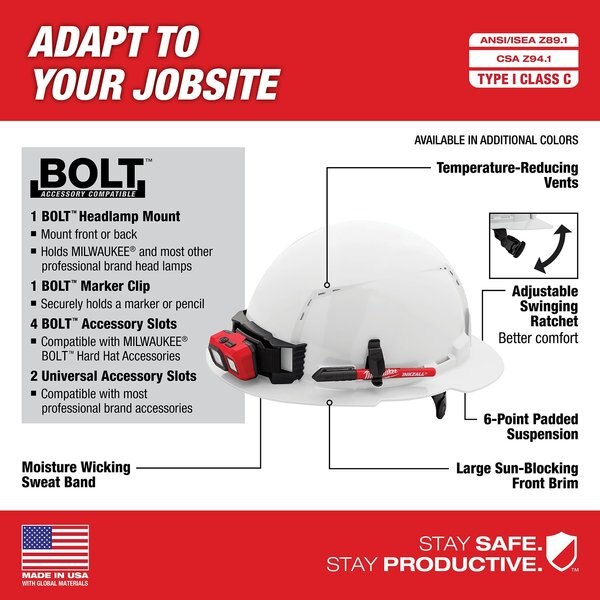 Full Brim Green Full Brim Vented Hard Hat w/6pt Ratcheting Suspension - Type 1, Class C