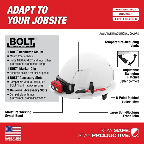 Front Brim Black Front Brim Vented Hard Hat w/6pt Ratcheting Suspension - Type 1, Class C