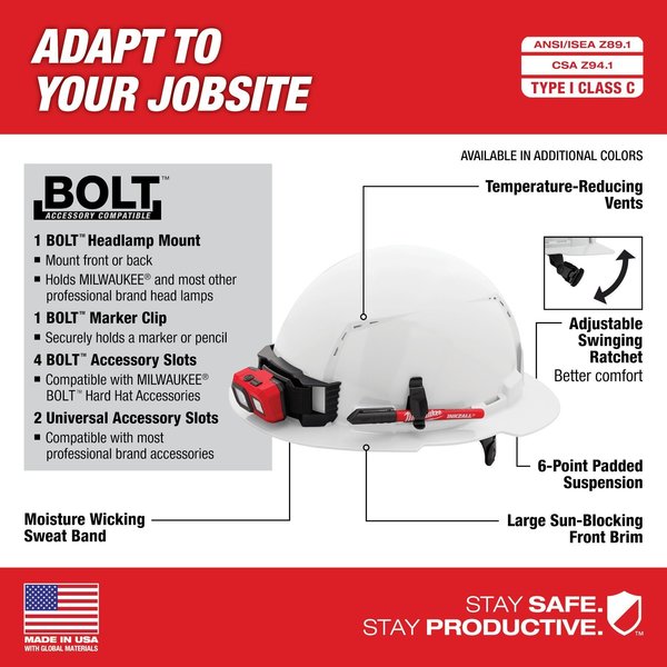Full Brim Orange Full Brim Vented Hard Hat w/6pt Ratcheting Suspension - Type 1, Class C