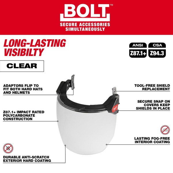BOLT Clear Dual Coat Lens Full Face Shield for Milwaukee Safety Helmets and Hard Hats