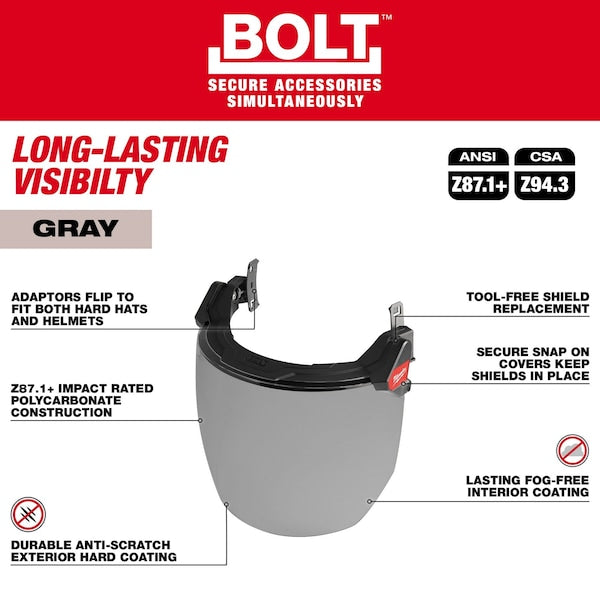 BOLT Gray Dual Coat Lens Full Face Shield for Milwaukee Safety Helmets and Hard Hats