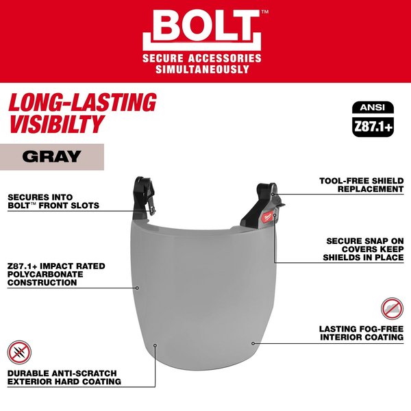 BOLT Gray Dual Coat Lens Full Face Shield for Milwaukee No-Brim Safety Helmets
