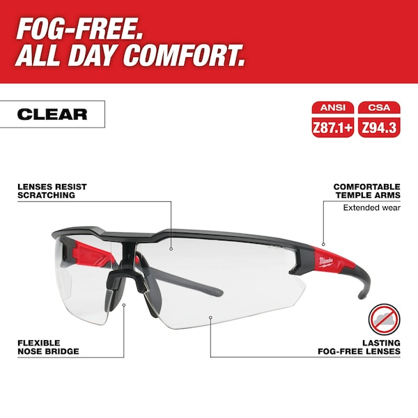 Safety Glasses - Clear Fog-Free Lenses (Polybag), Clear Polycarbonate Lens, Anti-Fog