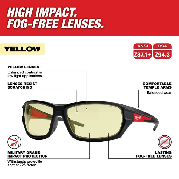 Performance Safety Glasses - Yellow Fog-Free Lenses (Polybag), Yellow Polycarbonate Lens