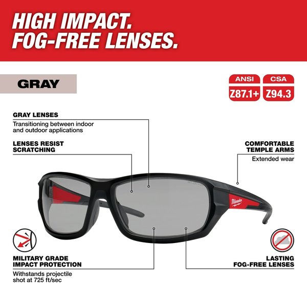 Performance Safety Glasses - Gray Fog-Free Lenses (Polybag), Gray Polycarbonate Lens
