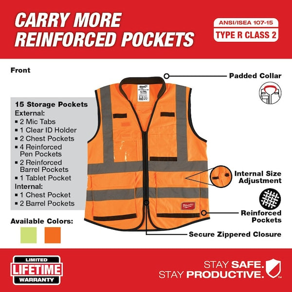 Class 2 High Visibility Orange Performance Safety Vest - S/M