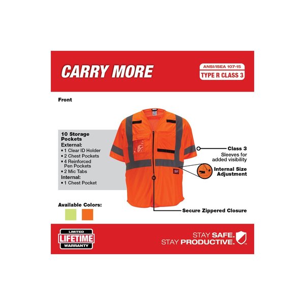 Class 3 High Visibility Orange Safety Vest - Large/X-Large