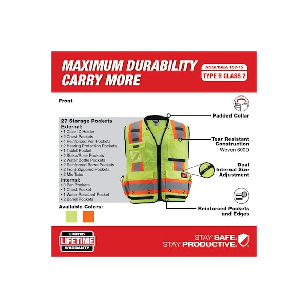 Class 2 Surveyor's High Visibility Yellow Safety Vest - Large/X-Large