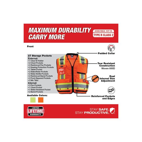 Class 2 Surveyor's High Visibility Orange Safety Vest - Large/X-Large