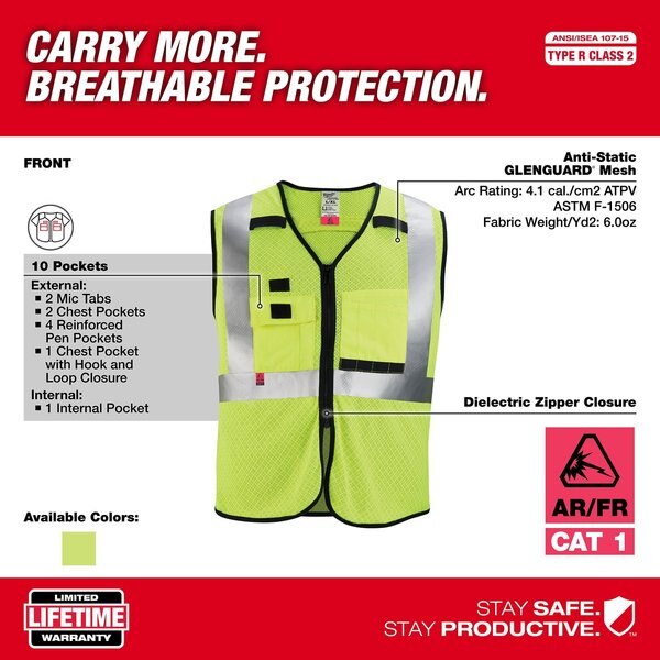 Arc-Rated/Flame-Resistant Cat 1 Class 2 High Visibility Yellow Mesh Safety Vest - Small/Medium
