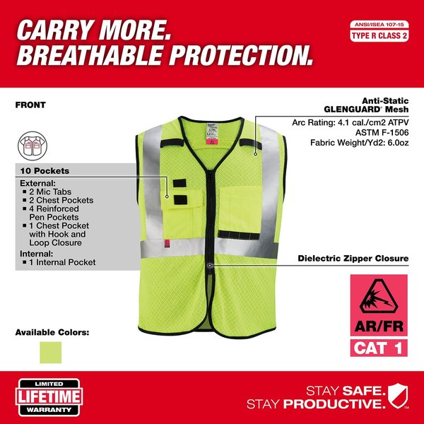 Arc-Rated/Flame-Resistant Cat 1 Class 2 High Visibility Yellow Mesh Safety Vest - Large/X-Large
