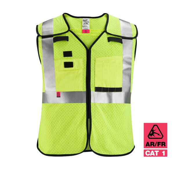 Arc-Rated/Flame-Resistant Cat 1 Class 2 Breakaway High Visibility Yellow Mesh Safety Vest - 4X-Large/5X-Large